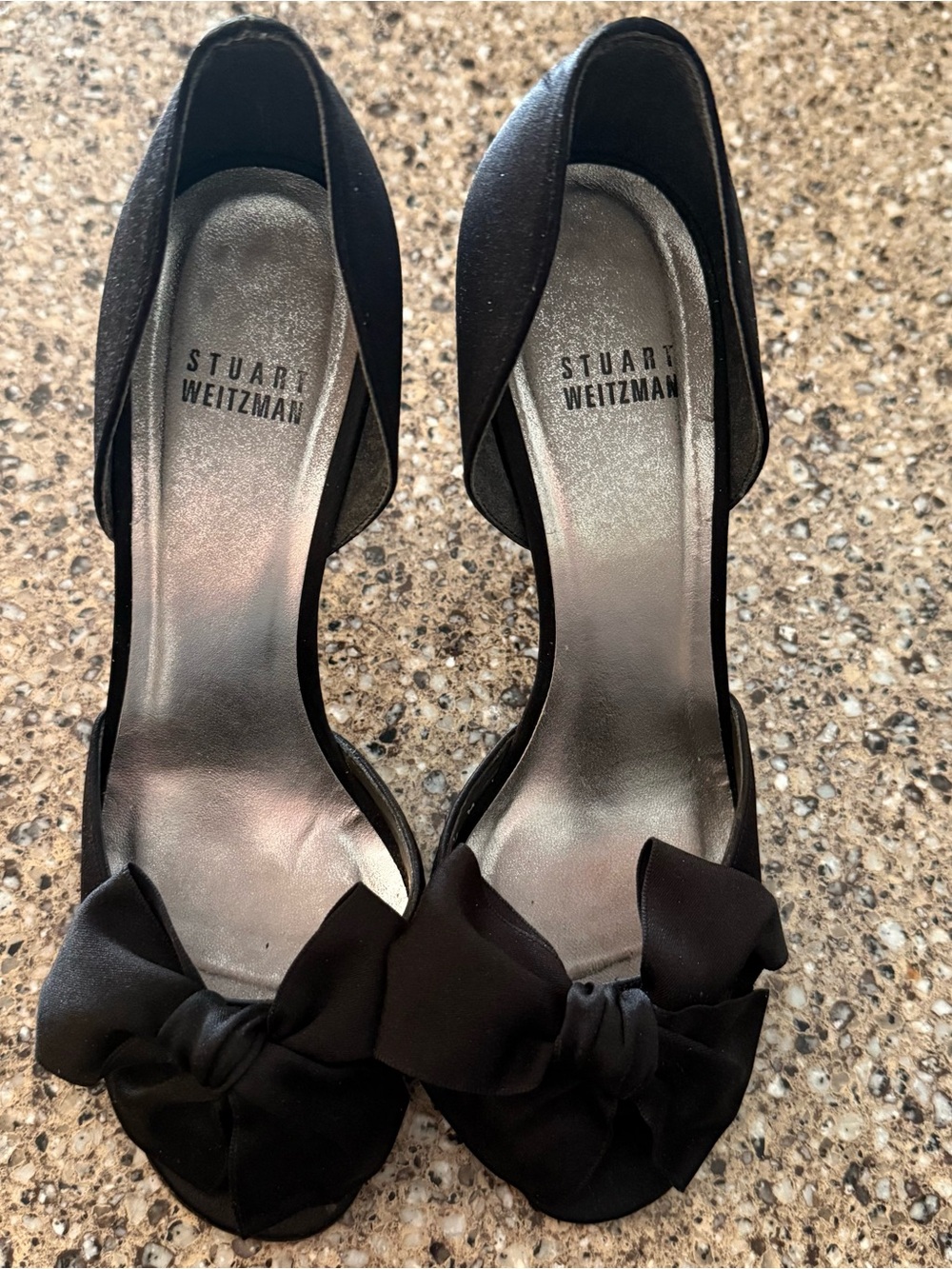 Stuart Weitzman Black Satin Bow Peep-Toe Pumps